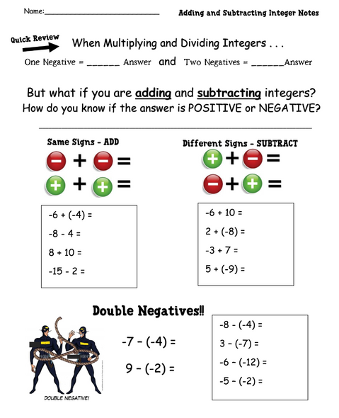 Integer Operations - Notes, Guided Practice & Quiz