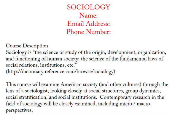 Sociology Syllabus for College (Editable)