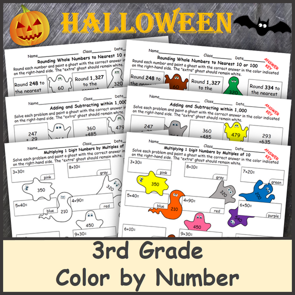 3rd Grade Halloween Math (Color by Number)