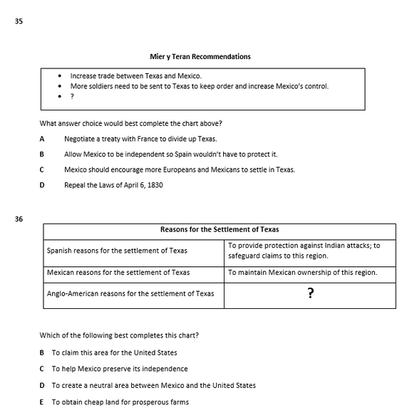 Texas History Fall Semester Exam Final