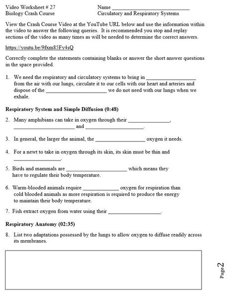 Crash Course Biology Video Worksheet 27: Circulatory and Respiratory Systems