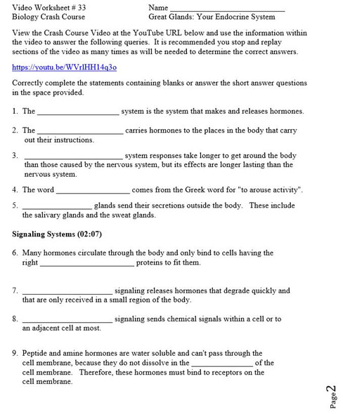 Crash Course Biology Video Worksheet 33: Great Glands: Your Endocrine System