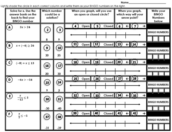 Inequalities Bingo