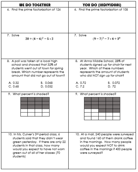 Post- Break Spiral Review- 6th Grade Math "We-Do, You-Do"