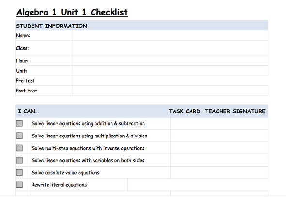 Algebra 1 Standards Based Checklist to Monitor Learning