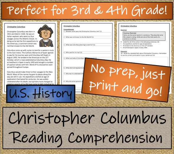 Christopher Columbus Close Reading Activity 3rd Grade & 4th Grade