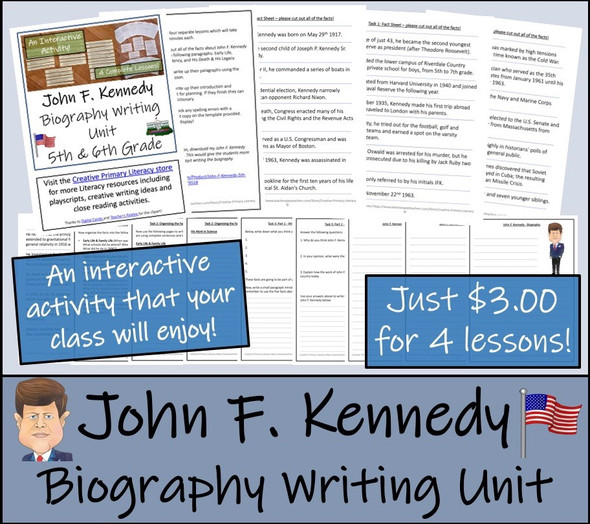 John F. Kennedy - 5th & 6th Grade Biography Writing Activity