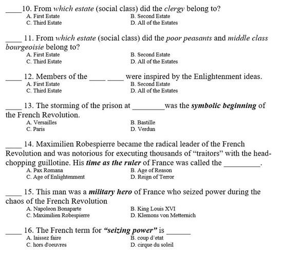 American, French and Latin American Revolutions Quiz
