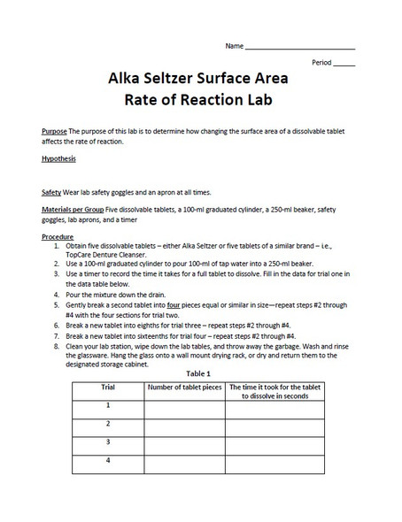 Alka-Seltzer Surface Area Rate of Reaction Lab