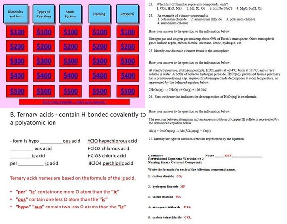 Formulas, Naming and Chemical Equations Learning Activities (Distance Learning)