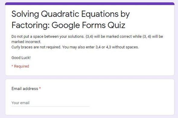 Solving Quadratic Equations by Factoring: Google Forms Quiz - 20 Problems