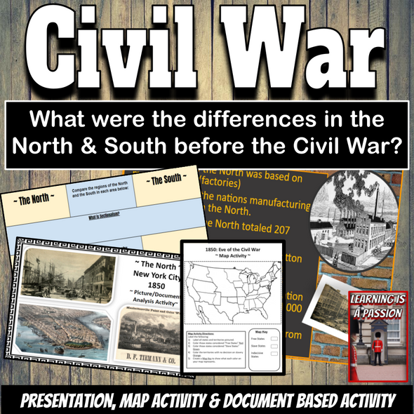 U.S. History | Civil War | Comparing North v. South | 1850-60 | DBQ, Map, Notes & More!