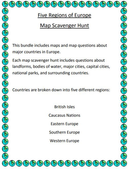 Five Regions of Europe Map Scavenger Hunt