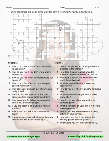 Feelings and Emotions Interactive Crossword Puzzle for Google Apps LINKS