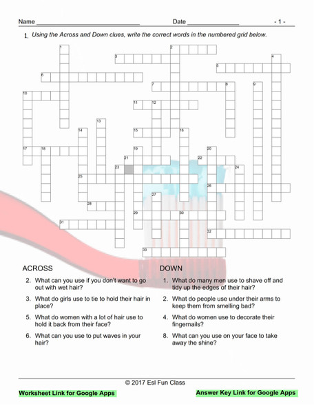 Health and Personal Hygiene Interactive Crossword Puzzle for Google Apps LINKS