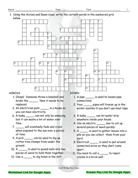 House Repairs, Tools-Supplies Interactive Crossword Puzzle for Google Apps LINKS