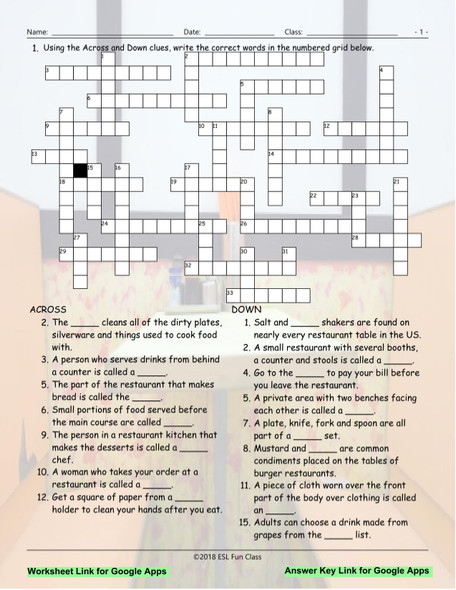 Restaurant Things-Activities Interactive Crossword Puzzle for Google Apps LINKS