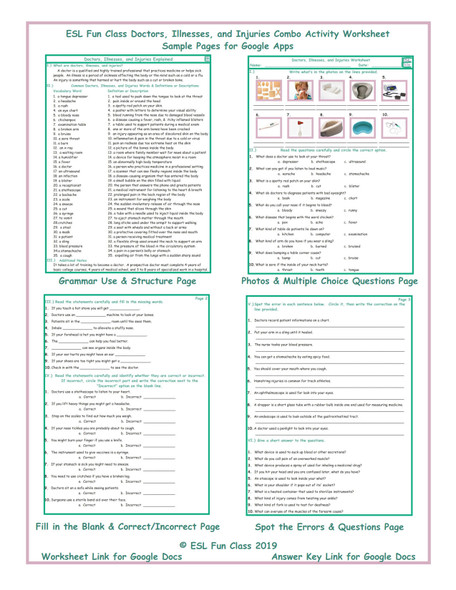 Doctors, Illnesses, and Injuries Interactive Worksheets for Google Apps LINKS
