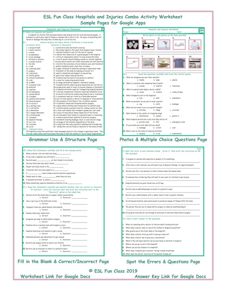 Hospitals and Injuries Interactive Worksheets for Google Apps LINKS