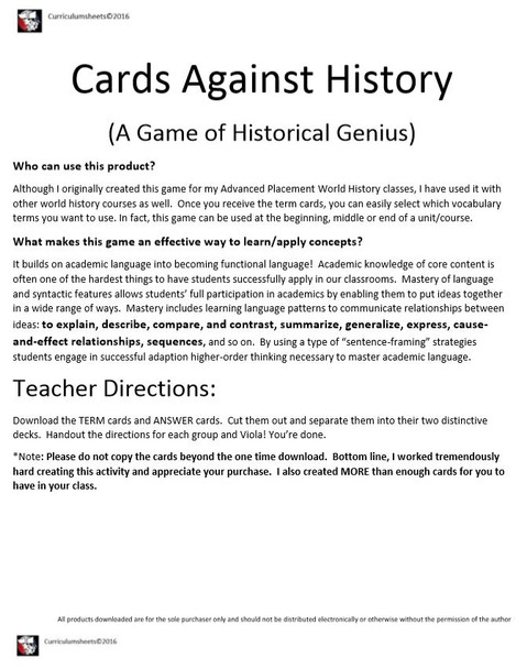 (AP World) and World History Cards Against History-A Game of Historical Genius!