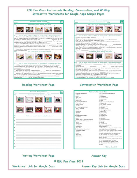 Restaurants Read-Converse-Write Interactive Worksheets for Google Apps LINKS