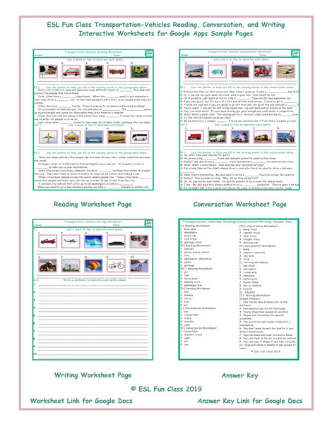 Transportation-Vehicles Read-Converse-Write Interactive Worksheets for Google Apps LINKS