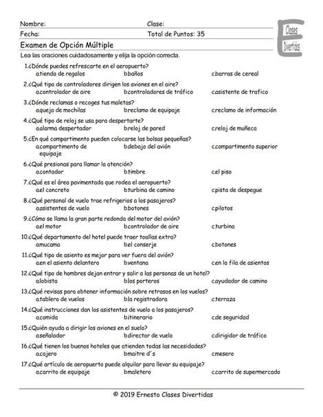 Airports and Hotels Spanish Multiple Choice Exam