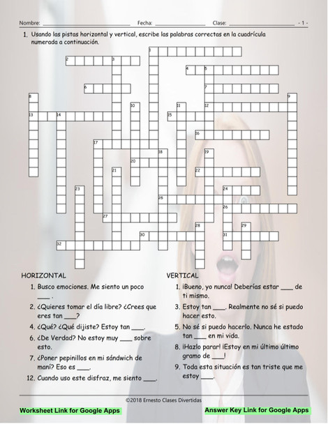 Feelings and Emotions Interactive Spanish Crossword-Google Apps