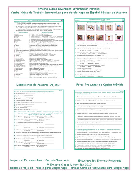 Personal Information Interactive Spanish Combo Worksheet-Google Apps