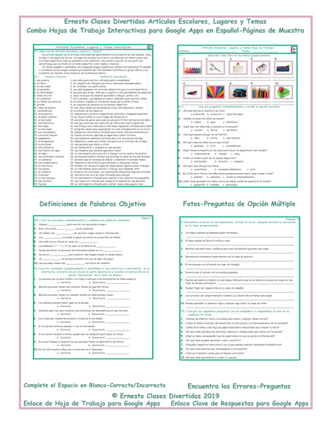 School Items-Places-Subjects Interactive Spanish Combo Worksheet-Google Apps