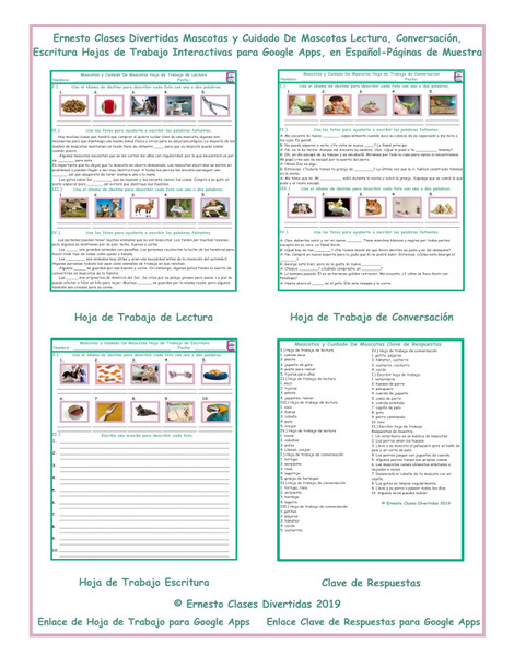 Pets and Pet Care Read-Converse-Write Spanish Interactive Worksheets-Google Apps