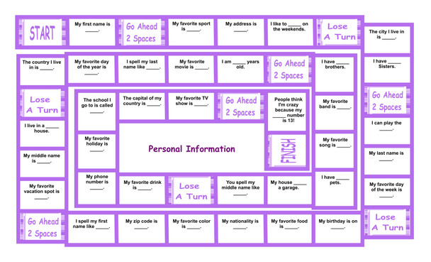 Personal Information Legal Size Text Board Game