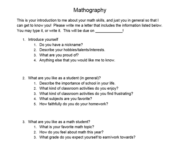 Mathography (Get to know your Math student Writing Assignment) - FREE