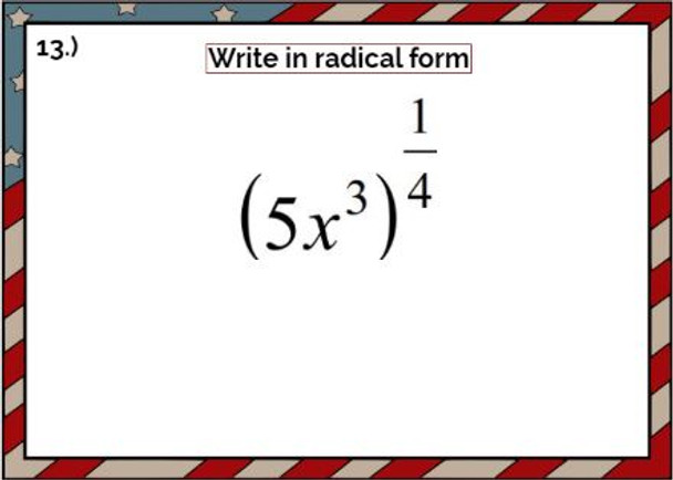 Writing Rational Exponents in Radical Form: 20 Task Cards