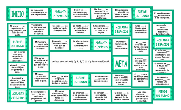 Verbs Start P, Q, R, S, T, U, V End AR Spanish Board Game