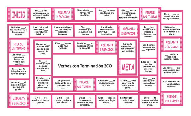 Verbs Yo Forms End in ZCO Spanish Board Game