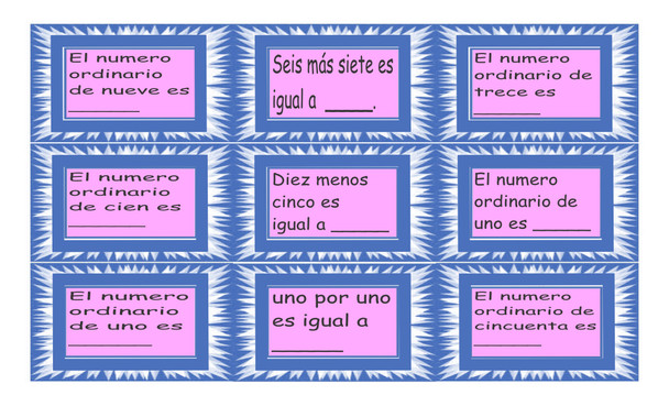 Cardinal and Ordinal Numbers Spanish Legal Size Text Card Game