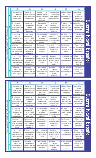 Verbs Start P, Q, R, S, T, U, V End AR Spanish Legal Size Text Guerra Naval Board Game