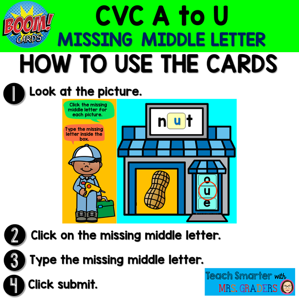 CVC A to U WORD WORK MISSING MIDDLE LETTER DIGITAL and PRINT BUNDLE