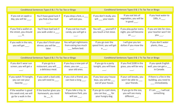Conditional Sentences Types 0 & 1 Legal Size Text Tic-Tac-Toe-Bingo Game