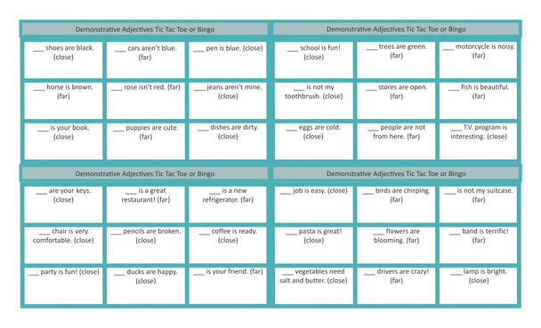 Demonstrative Adjectives Legal Size Text Tic-Tac-Toe-Bingo Game