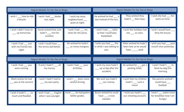 Regret Modals Legal Size Text Tic-Tac-Toe-Bingo Game