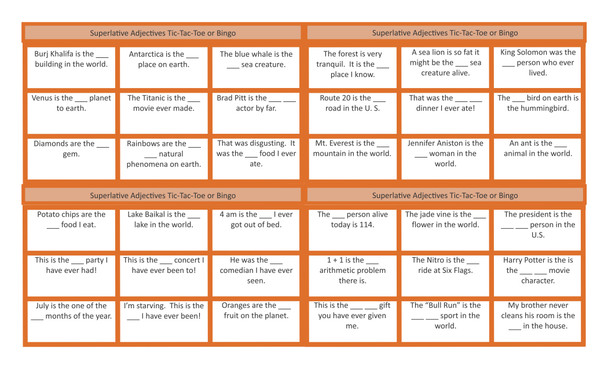 Superlative Adjectives Legal Size Text Tic-Tac-Toe-Bingo Game