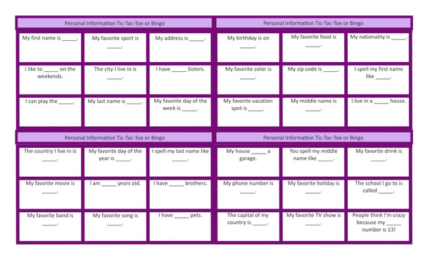 Personal Information Legal Size Text Tic-Tac-Toe-Bingo Game