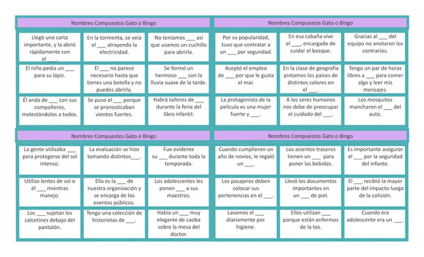 Compound Nouns Spanish Legal Size Text Tic-Tac-Toe or Bingo Game