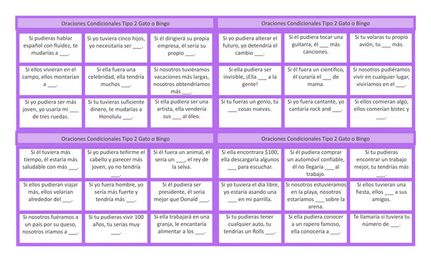 Conditional Sentences Type 2 Spanish Legal Size Text Tic-Tac-Toe or Bingo Game