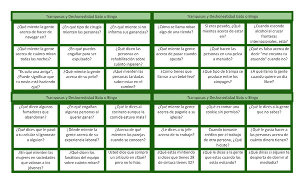 Cheaters and Dishonesty Spanish Legal Size Text Tic-Tac-Toe or Bingo Game