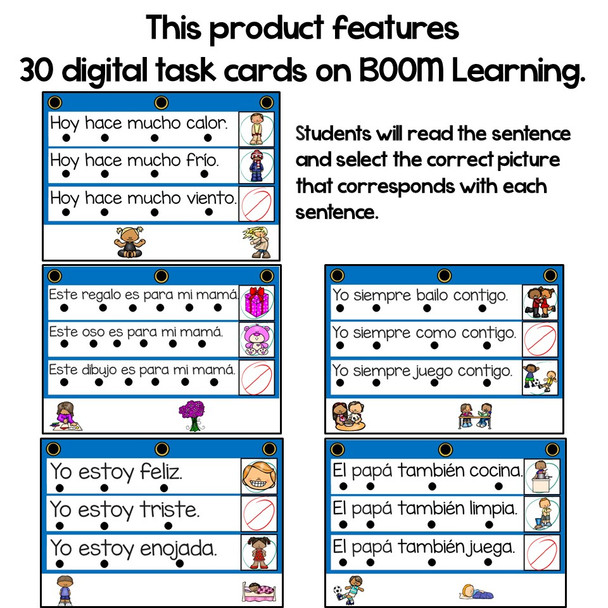 BOOM Cards Read and comprehend in Spanish-Lee y comprende oraciones sencillas