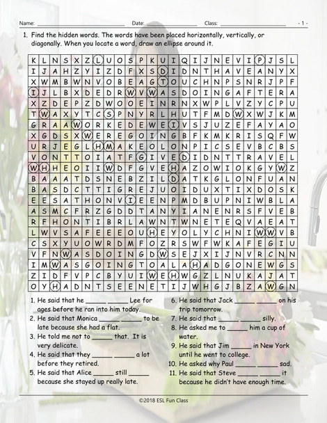 Reported Speech Word Search Worksheet
