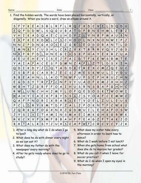 Routines-Daily Activities Word Search Worksheet